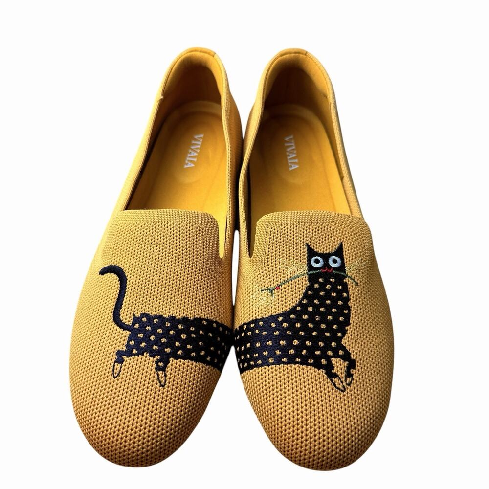 Vivaia Womens Embroidered Flats Audrey Yellow Black Cats 7 Halloween Whimsigoth